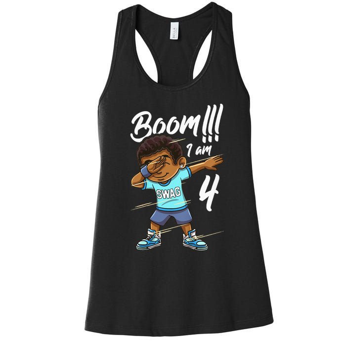 Kids Boom Im 4 Year Old Black Boy Dabbing Birthday Party 4th Bday Women's Racerback Tank