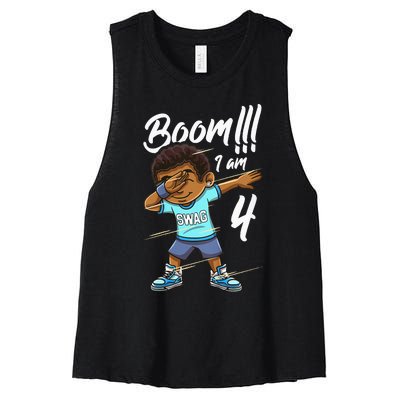 Kids Boom Im 4 Year Old Black Boy Dabbing Birthday Party 4th Bday Women's Racerback Cropped Tank