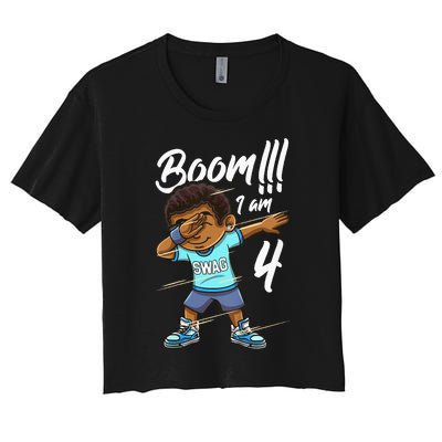 Kids Boom Im 4 Year Old Black Boy Dabbing Birthday Party 4th Bday Women's Crop Top Tee