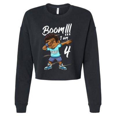 Kids Boom Im 4 Year Old Black Boy Dabbing Birthday Party 4th Bday Cropped Pullover Crew