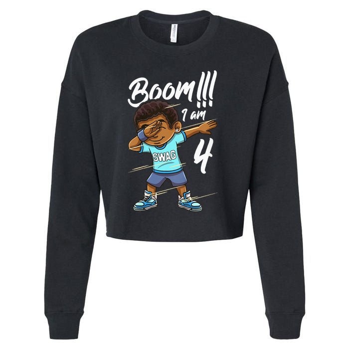 Kids Boom Im 4 Year Old Black Boy Dabbing Birthday Party 4th Bday Cropped Pullover Crew