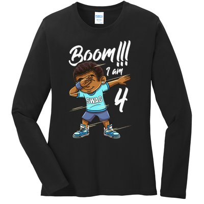 Kids Boom Im 4 Year Old Black Boy Dabbing Birthday Party 4th Bday Ladies Long Sleeve Shirt