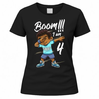 Kids Boom Im 4 Year Old Black Boy Dabbing Birthday Party 4th Bday Women's T-Shirt