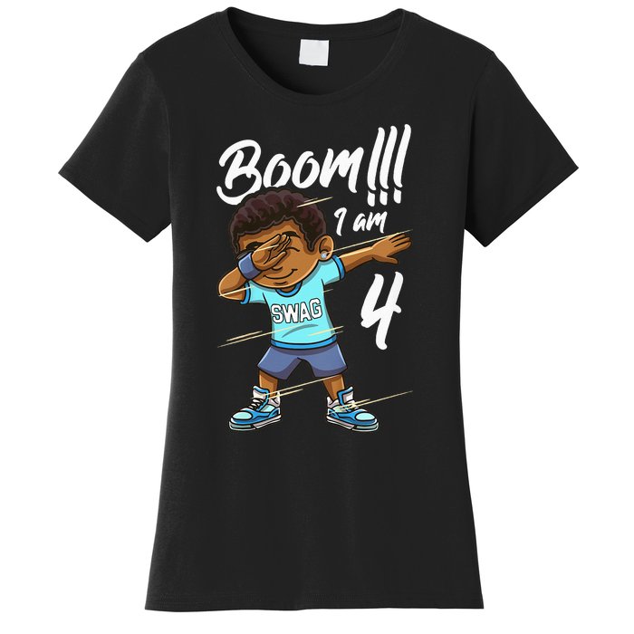 Kids Boom Im 4 Year Old Black Boy Dabbing Birthday Party 4th Bday Women's T-Shirt