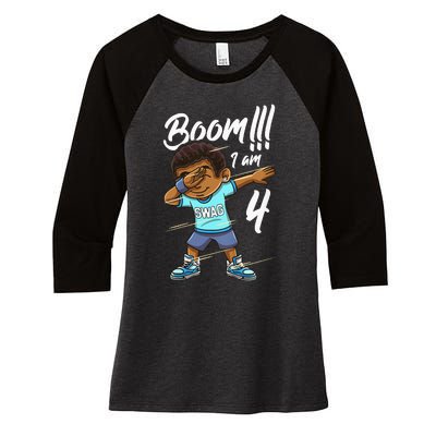 Kids Boom Im 4 Year Old Black Boy Dabbing Birthday Party 4th Bday Women's Tri-Blend 3/4-Sleeve Raglan Shirt