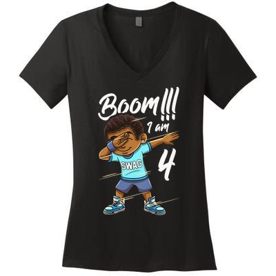 Kids Boom Im 4 Year Old Black Boy Dabbing Birthday Party 4th Bday Women's V-Neck T-Shirt