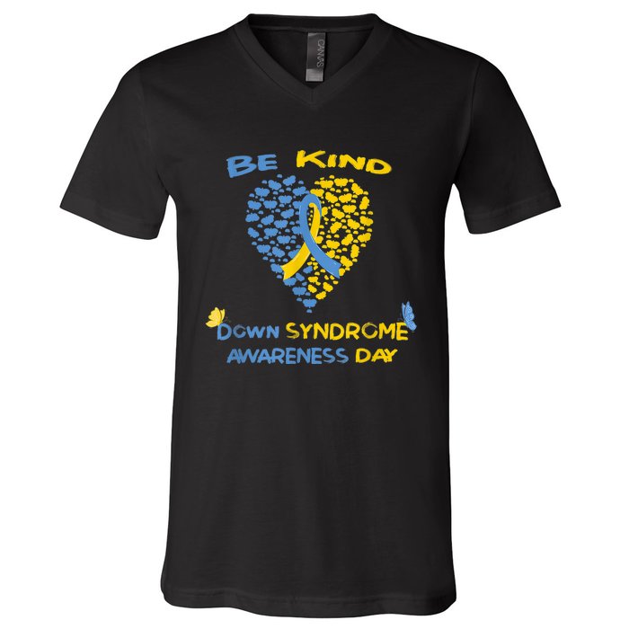 kid Be Kind World Down Syndrome Awareness  Day Fight Ribbon V-Neck T-Shirt