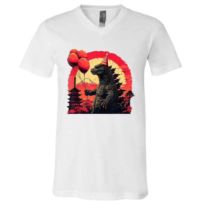 Kaiju Birthday Party Japan Monster Movie Bday V-Neck T-Shirt