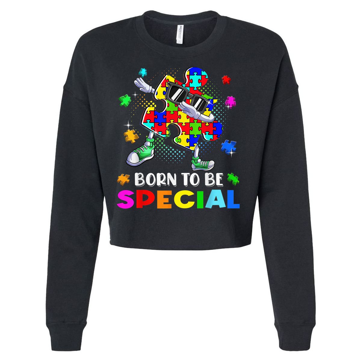 kid Born Special Dabbing Puzzle boy Autism Awareness Cropped Pullover Crew