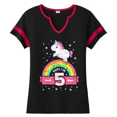 K.i.d.s Cute 5th Birthday Girl Pink Unicorn Rainbow 5 Year Ladies Halftime Notch Neck Tee