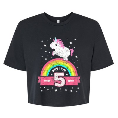 K.i.d.s Cute 5th Birthday Girl Pink Unicorn Rainbow 5 Year Bella+Canvas Jersey Crop Tee