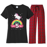 K.i.d.s Cute 5th Birthday Girl Pink Unicorn Rainbow 5 Year Women's Flannel Pajama Set