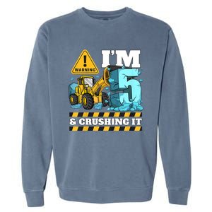 Kids Construction 5th Birthday Boy 5 Bulldozer Digger Truck Cool Gift Garment-Dyed Sweatshirt