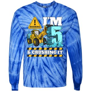 Kids Construction 5th Birthday Boy 5 Bulldozer Digger Truck Cool Gift Tie-Dye Long Sleeve Shirt