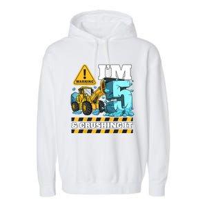 Kids Construction 5th Birthday Boy 5 Bulldozer Digger Truck Cool Gift Garment-Dyed Fleece Hoodie