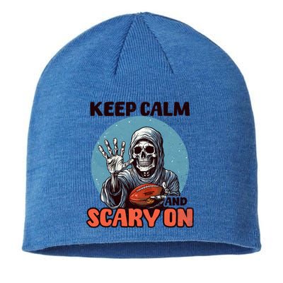 Keep Calm And Scary On Design Football Halloween Cool Gift Sustainable Beanie