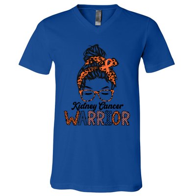 Kidney Cancer Awareness Warrior Messy Bun Hair Glasses Gift V-Neck T-Shirt