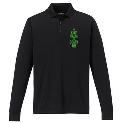 Keep Calm And Scary On Funny Halloween Holiday Design Gift Performance Long Sleeve Polo