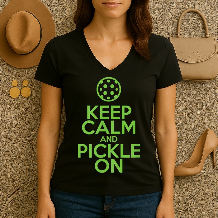 Keep Calm And Pickle On Pickleball TShirt With Pickle Ball Women's V-Neck T-Shirt