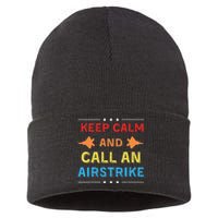 Keep Calm And Call An Airstrike Vintage Groovy Classic Sustainable Knit Beanie