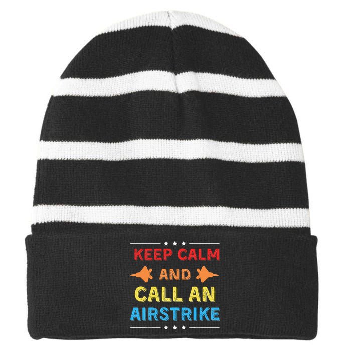 Keep Calm And Call An Airstrike Vintage Groovy Classic Striped Beanie with Solid Band