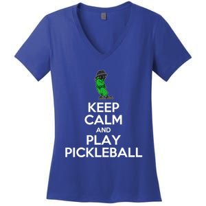 Keep Calm And Play Pickleball Funny Cartoon Pickle Gift Women's V-Neck T-Shirt