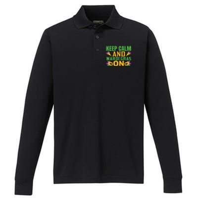 Keep Calm And Mardi Gras On Performance Long Sleeve Polo