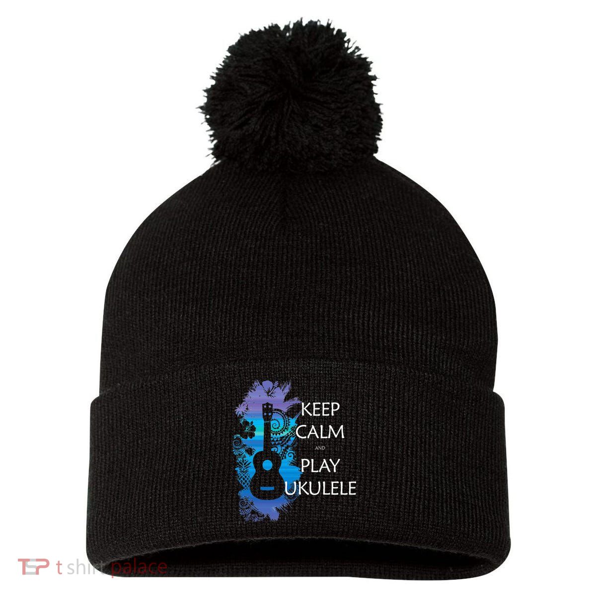 KEEP CALM And PLAY UKULELE Tribal Colorful Pom Pom 12in Knit Beanie