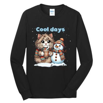 Kitty Cat And Snowman Friends Share Coffee In Winter Snow Tall Long Sleeve T-Shirt