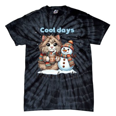 Kitty Cat And Snowman Friends Share Coffee In Winter Snow Tie-Dye T-Shirt