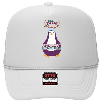 Keep Calm And Love Penguins High Crown Mesh Back Trucker Hat