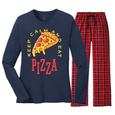 Keep Calm And Eat Pizza Funny Women's Long Sleeve Flannel Pajama Set 