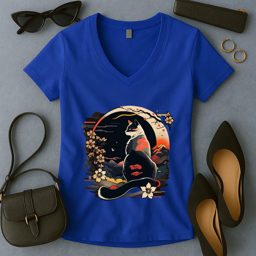 Kawaii Cat Anime Japanese Retro Women's V-Neck T-Shirt