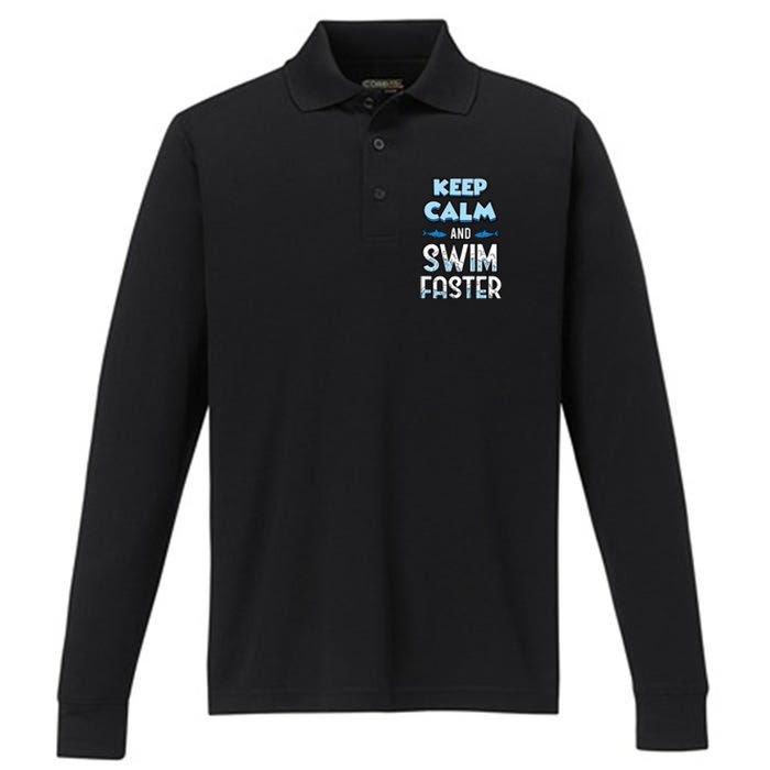 Keep Calm And Swim Faster Shark Lovers Performance Long Sleeve Polo