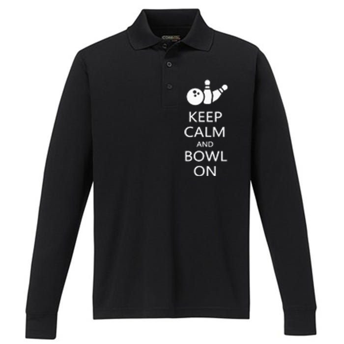 Keep Calm And Bowl On Funny Bowling Bowler Performance Long Sleeve Polo