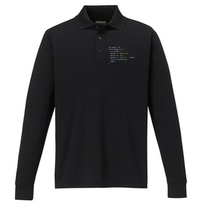 Keep Calm And Code On In JavaScript Performance Long Sleeve Polo