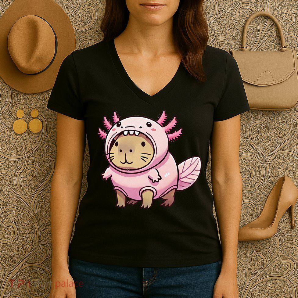 Kawaii Capybara Axolotl Women's V-Neck T-Shirt