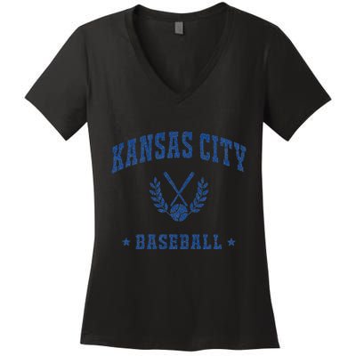 Kansas City Baseball Vintage Retro Baseball Lover Women's V-Neck T-Shirt