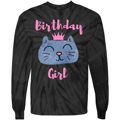 Kids Cute Birthday Girl & Kitty Cat Tie-Dye Long Sleeve Shirt