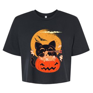 Kawaii Creepy Cat Eating Ramen Noodles Halloween Cat Kids Bella+Canvas Jersey Crop Tee