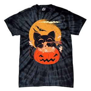 Kawaii Creepy Cat Eating Ramen Noodles Halloween Cat Kids Tie-Dye T-Shirt