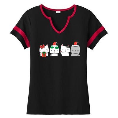 Kawaii Cat Christmas Cute Santa Hat Kittens Kitty Xmas Sweatshirt Ladies Halftime Notch Neck Tee