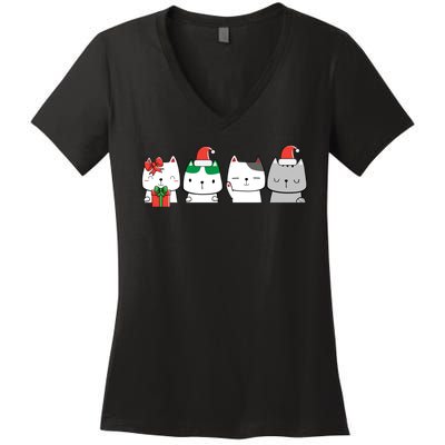 Kawaii Cat Christmas Cute Santa Hat Kittens Kitty Xmas Sweatshirt Women's V-Neck T-Shirt