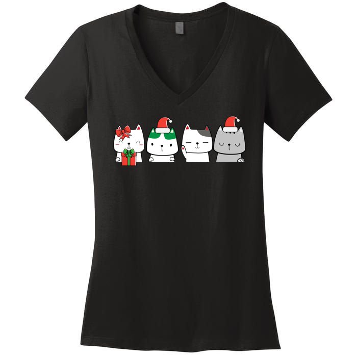 Kawaii Cat Christmas Cute Santa Hat Kittens Kitty Xmas Sweatshirt Women's V-Neck T-Shirt