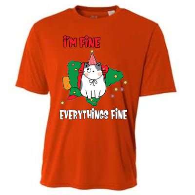 Kitty Cat Christmas Tree IM Fine Okay Funny Family Xmas Gift Cooling Performance Crew T-Shirt