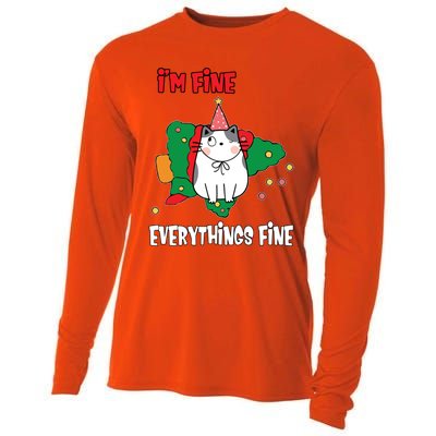 Kitty Cat Christmas Tree IM Fine Okay Funny Family Xmas Gift Cooling Performance Long Sleeve Crew