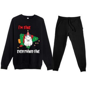 Kitty Cat Christmas Tree IM Fine Okay Funny Family Xmas Gift Premium Crewneck Sweatsuit Set