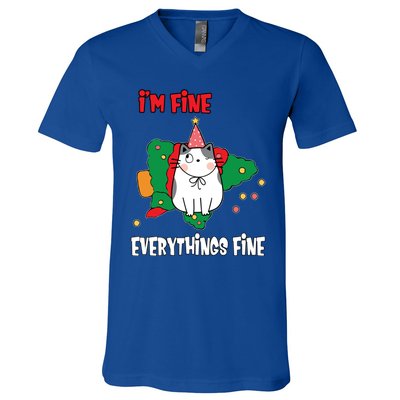 Kitty Cat Christmas Tree IM Fine Okay Funny Family Xmas Gift V-Neck T-Shirt