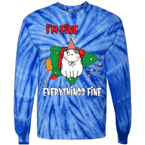 Kitty Cat Christmas Tree IM Fine Okay Funny Family Xmas Gift Tie-Dye Long Sleeve Shirt