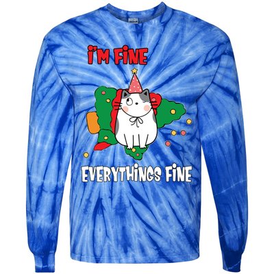 Kitty Cat Christmas Tree IM Fine Okay Funny Family Xmas Gift Tie-Dye Long Sleeve Shirt